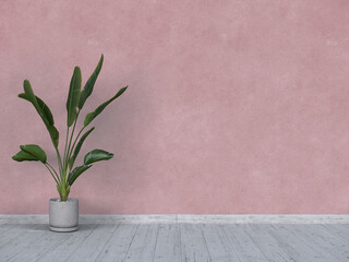 Empty interior background, room with white paneling wall and flooring, vases and white stand. 3d render.