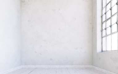 Bright, light and empty white colored room with big windows. Scandinavian style. 3d rendering.