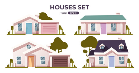 Houses set isolated. Buildings, home, real estate collection. Front view. Flat style vector eps10 illustration. Simple modern design. Street with colorful cottage houses. Cute cartoon city.