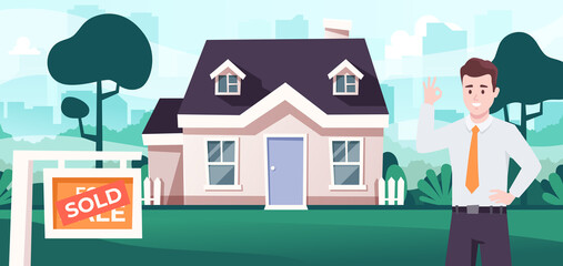 House search. Realtor, agent. Buy estate, property. For sale, sold. Seamless cityscape. City silhouette background. Urban landscpe with buildings and houses. Flat cartoon style vector illustration.