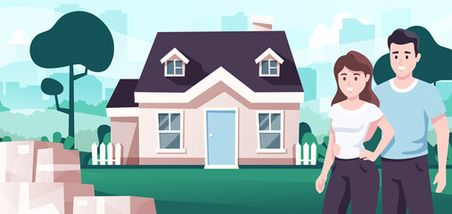 Family near the house. Home search and buy. Buying a property. A couple of smiling people. City silhouette background. Urban landscpe with buildings, car and house. Flat style vector illustration.