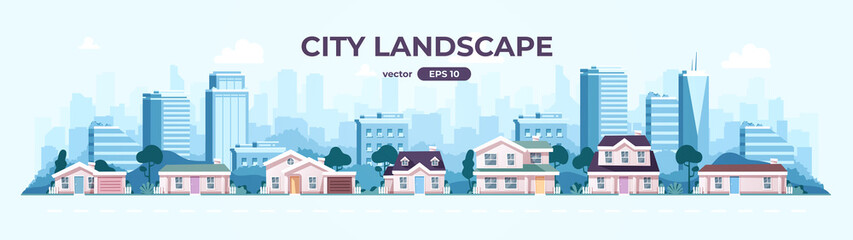 Seamless cityscape. City silhouette background. Urban landscpe with skyscrapers, buildings and houses. Street panorama with road. Flat style vector eps10 illustration. Simple modern cartoon design.
