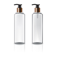 white and clear square cosmetic bottle with copper pump head for beauty or healthy product.