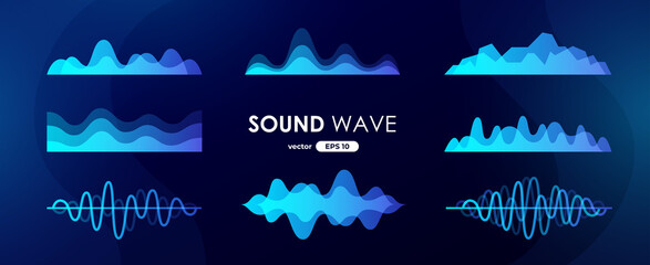 Sound wave set. Digital music equalizer. Beautiful abstract minimal background. Simple modern style. Blue neon color. Pulse line. Volume. Flat style vector illustration. - obrazy, fototapety, plakaty