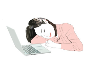 机で居眠りする若い女性