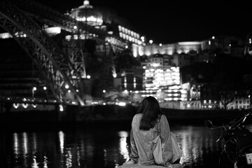 WHITE and BLACK, Portugal, beautiful night cityscape at the river side of Porto