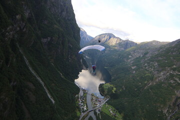 Skydivers over mountains in Norway