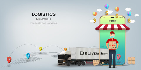 Delivery on mobile of goods during the prevention of coronovirus, Covid-19. Courier in a face mask with a box in his hands. Portrait from the waist up. Vector illustration.