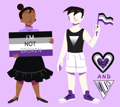 Asexuality and asexual pride. Two ace people holding sing and flag. Valid, normal.