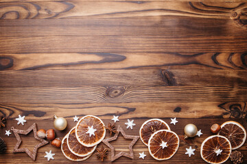 Christmas and New Year background. Composition of festive sweets and decorations with copy space. Winter holidays greeting card mockup