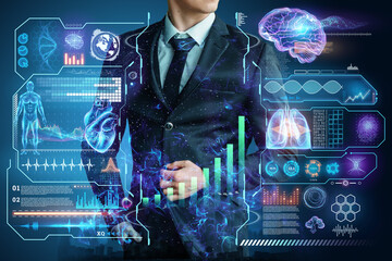 Businessman in suit image of development strategy charts, business concept. New technologies. Copy space.