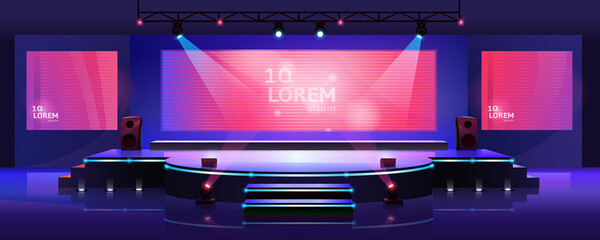 Stage of conference hall, presentation and concert scene, vector empty background template. Modern event stage with speaker podium, chair seats, spotlights and projector display monitors on screen - obrazy, fototapety, plakaty