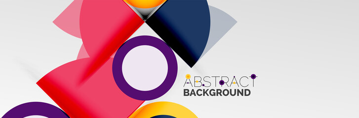 Bright color circles, abstract round shapes and triangles composition with shadow effects. Vector modern geometric design template