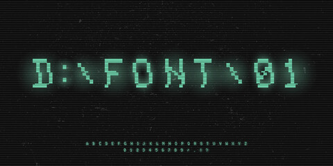 Pixel 8 bit glitch font. Green VHS letters, numbers and symbols. Retro tech distortion typography. Design for typography for games, banner, web. Vector.