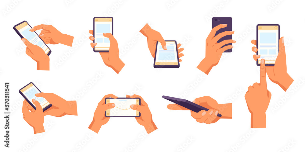 Poster Hand holding smartphone. Vector icon of people hold smartphone or using touch gestures for mobile phone while reading. Press and point, pich and unpinch, rotate and swipe symbol. Digital device