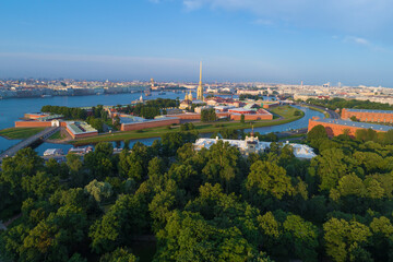 Peter and Paul Fortress in the cityscape on a sunny July morning. Saint-Petersburg, Russia