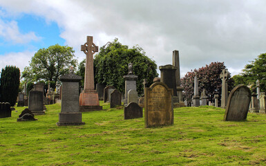 Stirling, Scotland - August 1, 2020, old medieval cemetery around Port of Menteith Parish Church.