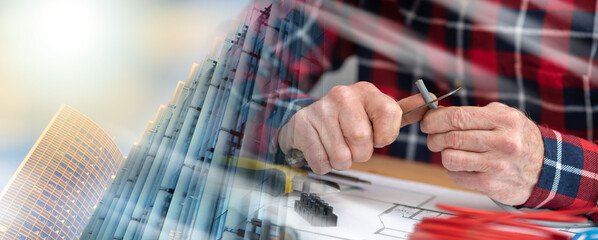 Electrician cutting the insulation of a power cable; multiple exposure