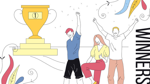 Competitions And Games Concept. Three Winners Standing Afore Of A Large Golden Cup. Males And Female Characters Smile Raising Their Hands. Confetti Is Pouring Down. Flat Style Vector Illustration