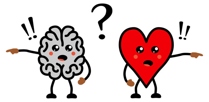 Cute Kawaii style disagreeing brain and heart icon, emotions and rational thinking conflict concept