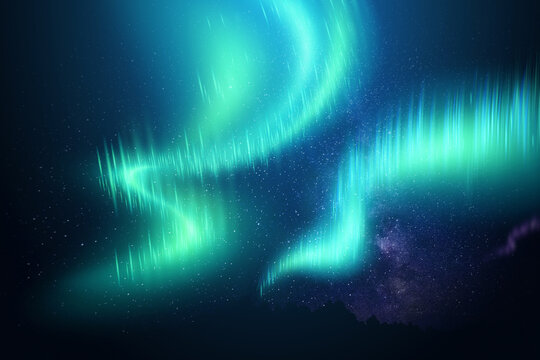 Realistic northern lights against the background of the starry sky. Beautiful natural effect. 3D illustration