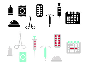 Set of icons and silhouettes with methods of contraception. Clip art for World Contraception Day
