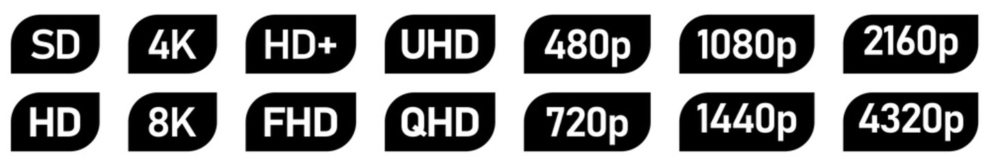 Set of simple video or movie resolution icons, number and text in rectangle with two rounded corners