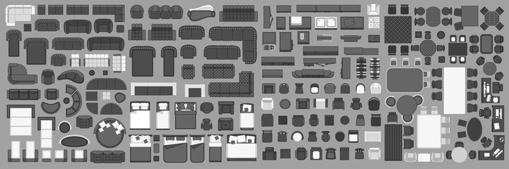 Icons set of interior. Furniture top view. Elements for the floor plan. (view from above). Furniture and elements for living room, bedroom, kitchen, office.
