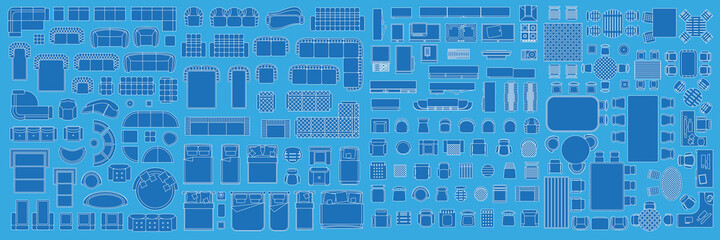 Icons set of interior. Furniture top view. Elements for the floor plan. (view from above). Furniture and elements for living room, bedroom, kitchen, office.
