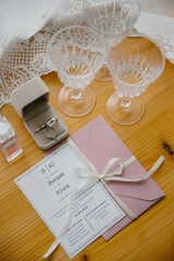 Wedding decorations glasses invitations rings
