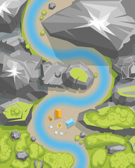 Camping in the landscape. (Top view)
Mountains, river, trees. (View from above)