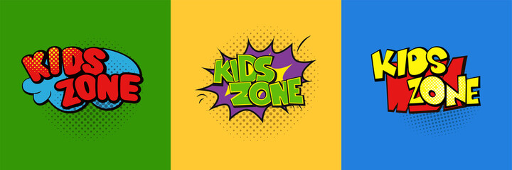 Kid zone vector illustrations, logo. Collection of bright colored designs