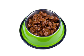 Canned food for cats or dogs in metal green bowl isolated on white background