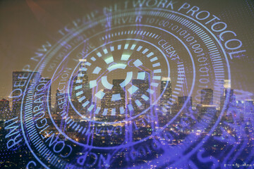 Data theme hologram drawing on city view with skyscrapers background double exposure. Ai concept.