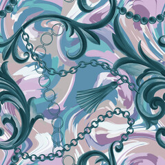 Fashion seamless pattern with chains, Baroque frame elements and abstract brush strokes swirl background.