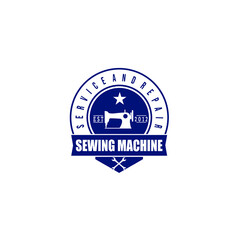 Blue circle logo of sewing machine service and repair business with white sewing machine silhouette and wrench and ribbon