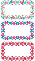 Heart shaped yummy desserts rectangular frames set. Colorful vector illustration for Valentine’s Day, birthday party, wedding, food fests and other designs.