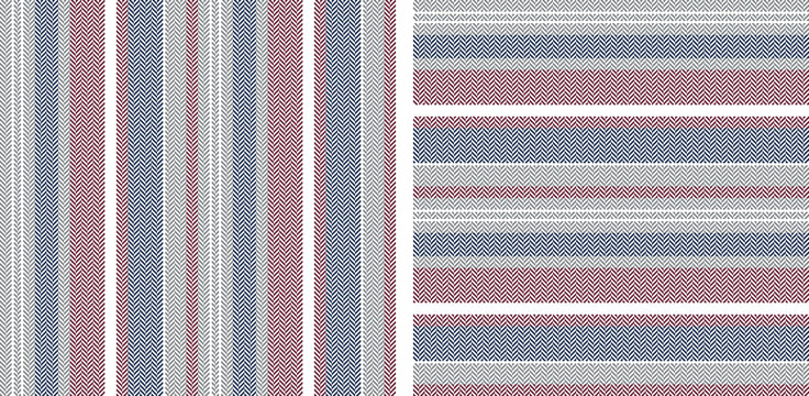 Stripe pattern set. Vertical and horizontal herringbone lines in blue, grey, red, white for dress or other modern fashion textile print. Textured design.
