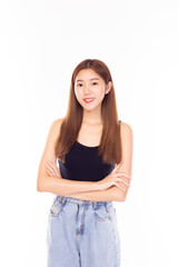 Fototapeta premium Portrait attractive young asian beautiful woman. Pretty girl crossed arms and look confident smiley face. Lovely lady wear jeans and vest in summer season. Isolated on white background. fashion girl