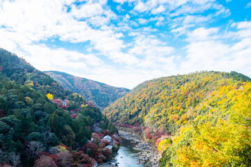 colorful leaves mountains and Katsura river in Arashiyama, landscape landmark and popular for tourists attractions in Kyoto, Japan. Fall Autumn season, Vacation,holiday and Sightseeing concept