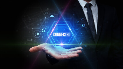 Man hand holding CONNECTED inscription, social media concept