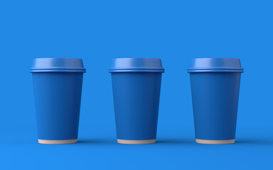 Three disposable plastic cups standing in a row. Mockup for your design. 3d illustration rendering. 