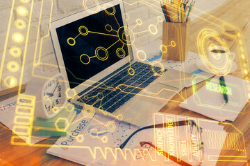 Multi exposure of desktop with computer on background and tech theme drawing. Concept of big data.