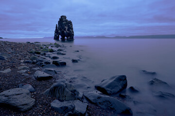 Hvítserkur, basalt steep rock like a dragon or rhinoceros drinking water in northern iceland