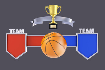 Basketball match, Team or Tournament name badge , mock-up scoreboard  and gold cup trophy for winner, Background and graphic template for sports presentation score or game results, 3D rendering