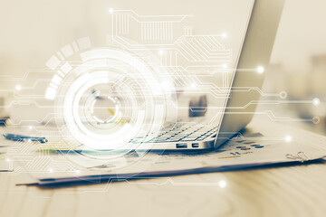Double exposure of desktop with personal computer on background and tech theme drawing. Concept of data analysis.