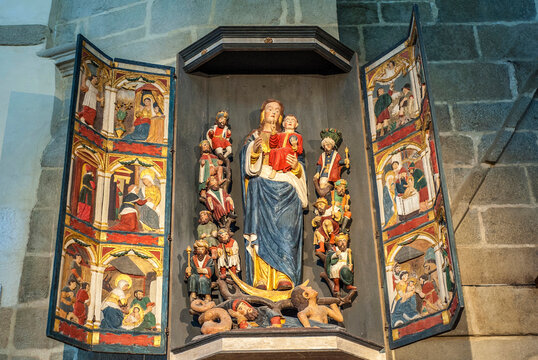 France, Bretagne, Thegonnec churchyard, altarpiece in the church