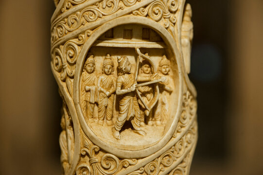 Archery carved pattern in ivory tusk at National museum, Delhi, India