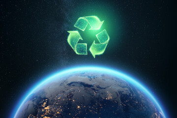 Recycling. Eco recycling green symbol. Recycling sign on the background of the globe.