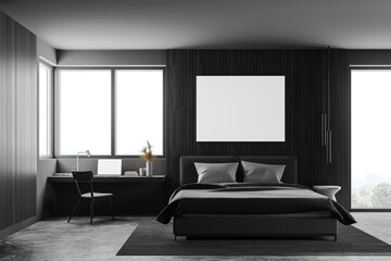 Grey bedroom interior with poster and home office